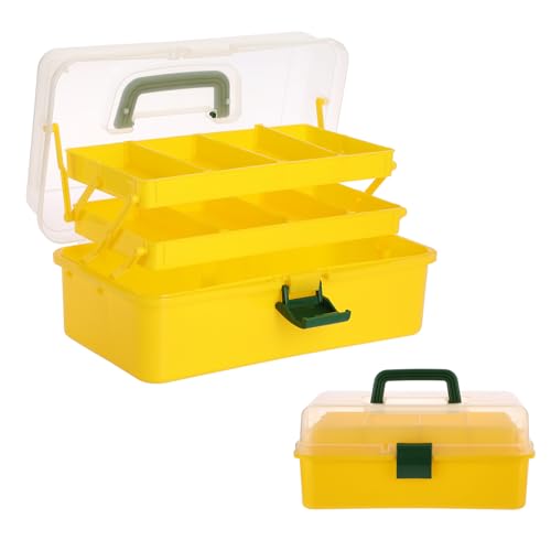 Image of BTSKY 3-Layer Plastic Dividing Storage Box Craft Organizer and Storage | Portable Handled Art Supply Organizer with Adjustable Spacers Multipurpose Home Utility Box for Medicine Sewing(Yellow+Green)