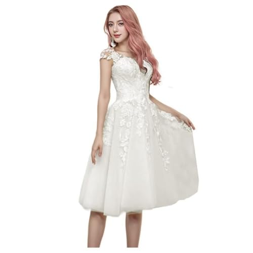 Generisch Robe de mariée scoop sans manches en dentelle pour femme Robe de mariée courte pour mariée Longueur genou, ecru, 46