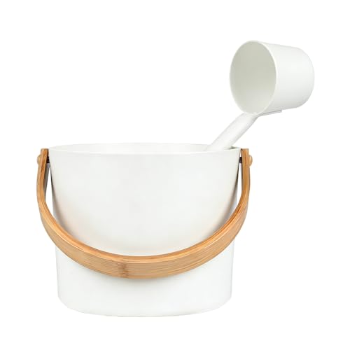 Aluminum Sauna Bucket and Ladle Set 1.85 Gallons (7L) Large Sauna Bucket with Long Wooden Handle Spoon White SPA & Saunas Accessories for Home Saunas