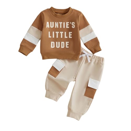 XRTBMN Aunties Little Dude Baby Outfit Toddler Boy Long Sleeve Letter Sweatshirt Top and Pants Set Infant Fall Winter Clothes (Brown, 18-24 Months)