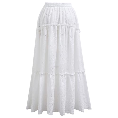 CHICWISH Women Summer Boho Maxi Skirt Eyelet Embroidery Elastic Waist Tassel String Casual Cotton Beach Vacation Long Skirts3