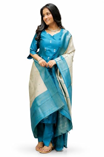 Image of ABTER Women's Teal Blue Kurta Pant Dupatta Set with Woven Border and Printed Motifs, Sky Blue Rasmalai Suit