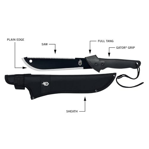 Image of Gerber Gear Gator Machete 18.75 inch / 11.25 inch with Saw and Plain Edge Blade for Camping, Hunting, Gardening and Bushcraft, Includes a Gator Grip and Protective Sheath, Stainless Steel Blade