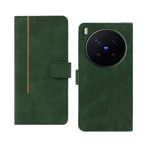 Image of amazon basics Vivo X300 Pro 5G Flip Cover | Card Pockets Wallet & Stand | Flip Cover for Vivo X300 Pro 5G (Green with Beige Strip)