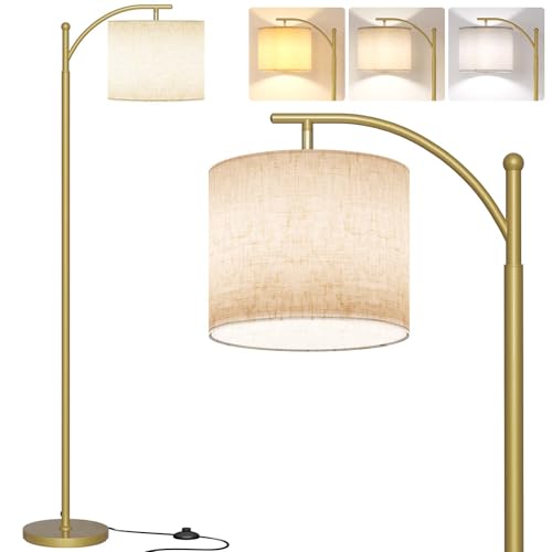 SUNMORY Arc Floor Lamp,Modern Floor Lamp with 9W 3 Color Temperatures Bulb,Metal Standing Lamps with Adjustable Hanging Lampshade,Tall Floor Lamps for Living Room,Bedroom, Gold Without Remote