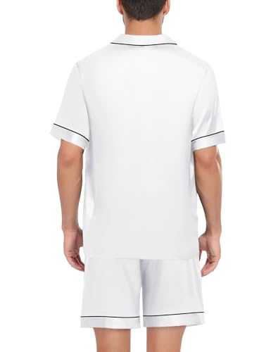 Image of SWOMOG Satin Matching Pajamas Sets Couple Silk Button Down Nightwear Men & Women Short Sleeve Sleepwear 2 Pieces Loungewear White