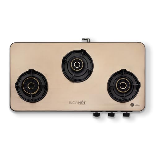 Image of BLOWHOT Premium Design ISI Certified Sapphire Gold Manual 3 Burner Slimmest Gas Stove | Stainless Steel Top | 5 Year Warranty By Blowhot On Burner and Gas Valve - Gold 5G