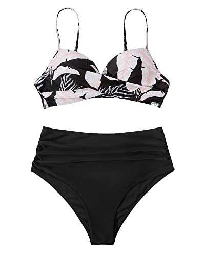 RXRXCOCO High Waisted Bikini Set Push Up Bikini Top with Tummy Control Bikini Halter Neck Underwired Padded Bikini 2 Piece