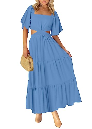 blue cut out maxi dress Amazon.com: LEANI Womens Short Sleeve Cutout Maxi Dresses Smocked Square  Neck Tiered Long Dress Blue : Clothing, Shoes & Jewelry