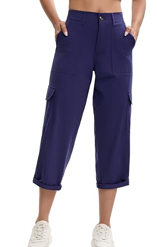 Oalka Women's Cargo Capri Pants Relaxed Fit Knit Waist Cropped Pant Casual Hiking Capris