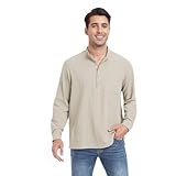 Algodón Lino Verano Camisa de Manga Larga para Hombre Hombre Casual Playa Camisa Camisa de Lino Henley Shirt Caqui XL