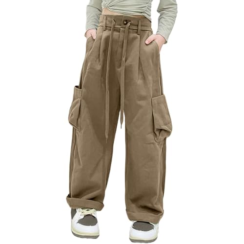 Girls Baggy Cargo Pants Elastic High Waisted Straight Solid Color Loose Casual Joggers Lightweight Soft Cool Trousers