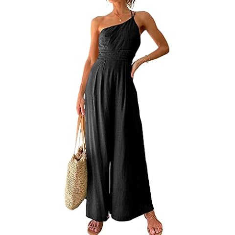 pengnight Women's One Shoulder Jumpsuit High Waist Straight Wide Leg Casual Sleeveless Trousers One Piece Rompers Black Cover