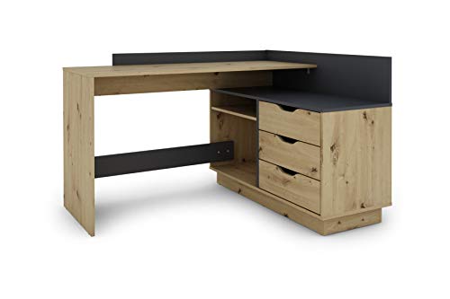 byLIVING Winkelschreibtisch BELFAST / Eckschreibtisch Eiche Optik hellbraun u. Anthrazit / Arbeitsplatte rechts o. links montierbar / 3 Schubkästen / Schreibtisch / 129 x 83,5 x 105 cm (BxHxT)