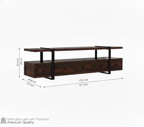Image of Rustic Sheesham Wood & Metal TV Unit with 5 Drawers, 1 Shelf, and Storage for up to 70-inch TV - Perfect for Your Living Room (Henry, Walnut Finish)