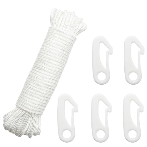 20M Corda per Bandiera in Nylon, Corda Della Bandiera Della, con 5 Pezzi Flag Pole Clip a Scatto, per Pennoni, Giardini, Officina, Campeggio, Sport All'aria Aperta, Stendibiancheria, Vela (Bianco)