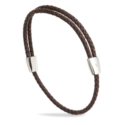 Image of Forge & Foundry Men's Adjustable Black Braided Leather Bracelet | Highly Polished Sliding Clasps | Design-Led, Artisan Jewellery from London (Brown Leather - Silver Clasp)
