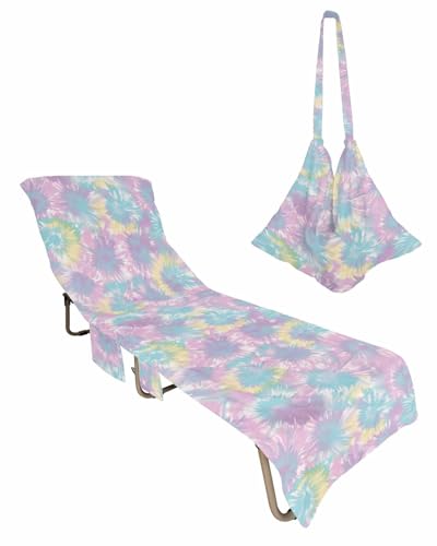 Beach Pool Patio Lounge Chaise Chair Cover Towel with Pockets,Teal Purple Absorbent & Quick Dry Microfiber Towel Cover Bag Summer Travel Accessories Rainbow Stained Tie Dyeing Rainbow Modern Boho