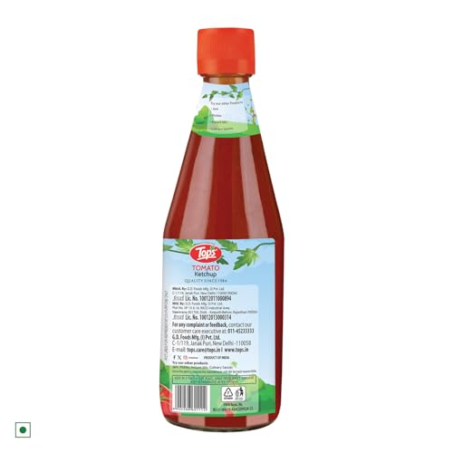 Image of TOPS Tomato Ketchup No Onion No Garlic- 500 gm Glass Bottle|Made with the Goodness of Juicy Hand-Picked Tomatoes | No Added Colour & Flavour. (Pack of 2)