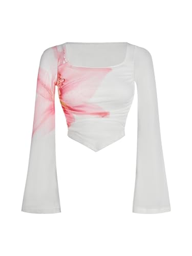 Image of Floerns Girls Bell Long Sleeve Square Neck Asymmetrical Hem Mesh Ruched Crop Tops Tees