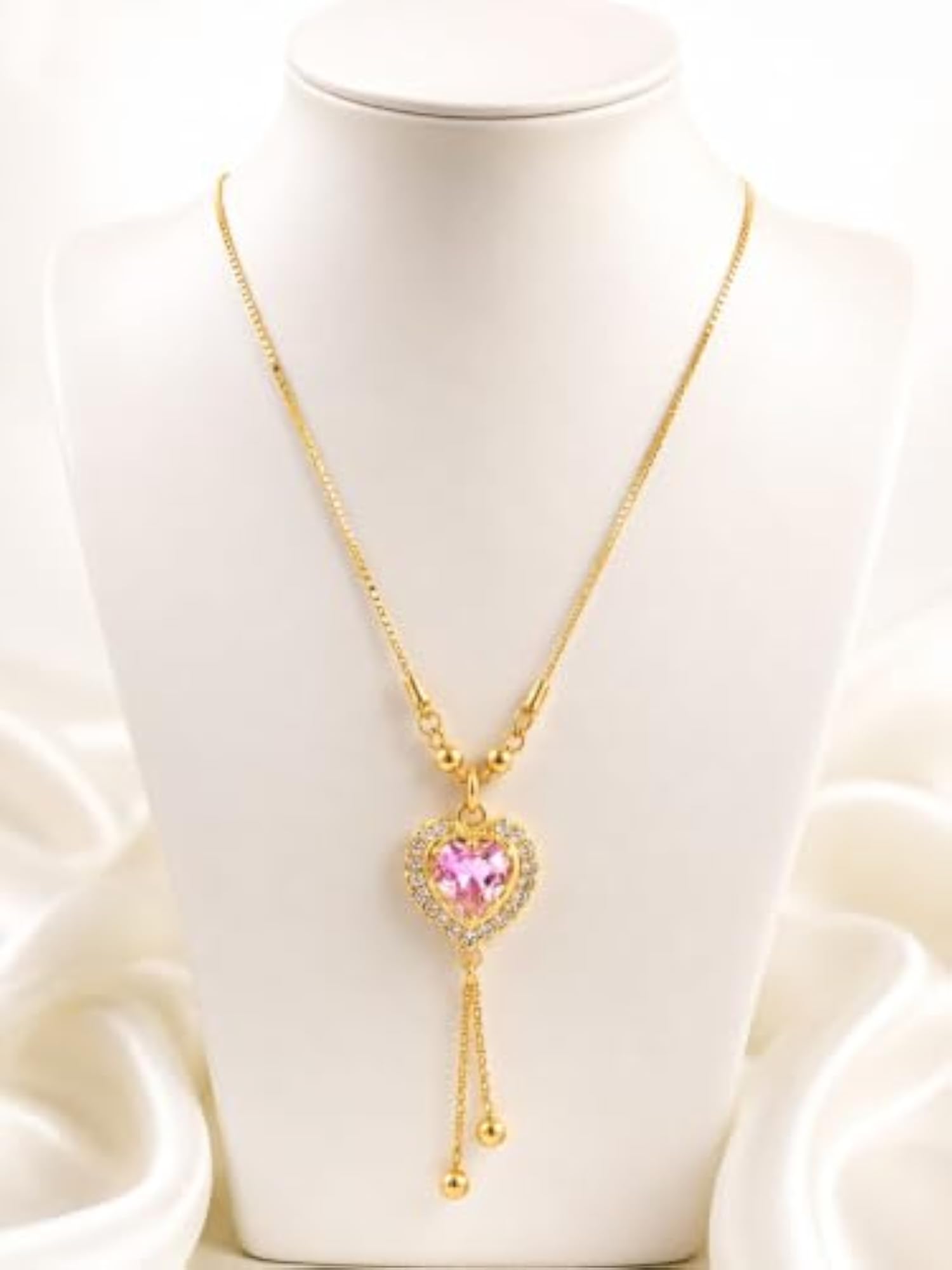 Women's Gold-Plated Heart Pendant Necklace with Pink Crystal & Tassel