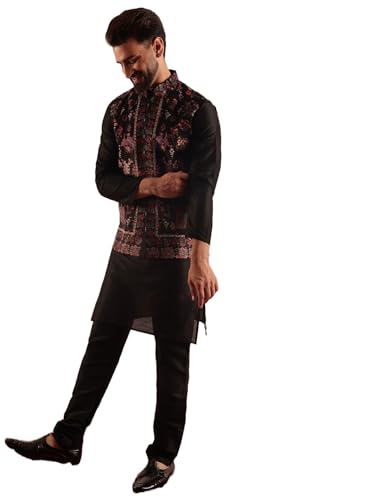 Image of SOJANYA Men's Silk Blend Black Kurta and Pyjama With Paisley Design Velvet Nehru Jacket