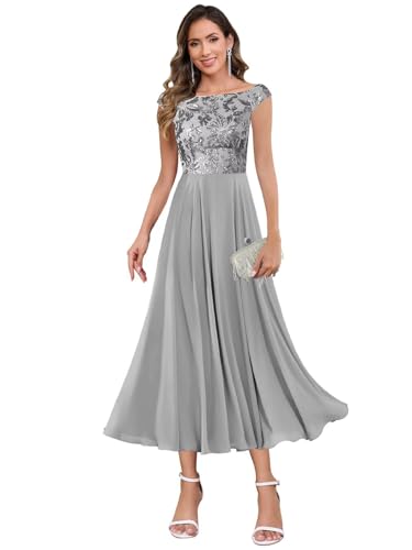 Sequin Mother of The Bride Dresses for Women Off The Shoulder Tea Length Cap Sleeves Formal Wedding Guest Dress