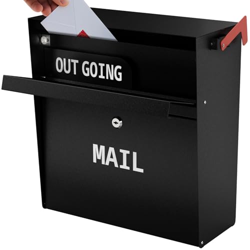 Image of Wall Mounted Locking Mailbox with Outgoing Mail Slot, Secure Drop Box for Home or Office, Weatherproof Steel Mail Box with Key Lock and Red Flag - Black