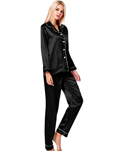 Swomog Womens Silk Satin Pajamas Long Sleeve Loungewear Two-Piece Sleepwear Button-Down Pj Set Black #TOP3