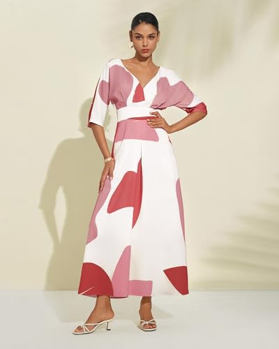 ADOR Women's Satin Wedding Guest Dress V Neck Maxi Elegant Cocktail Party Floral Long Flowy Dresses with Pockets3