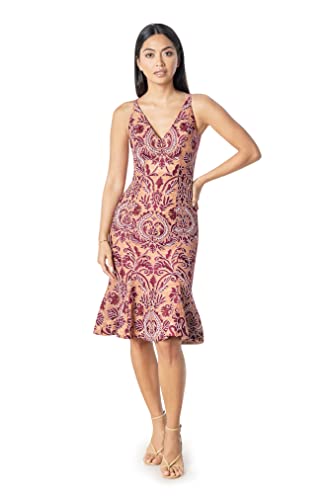 Dress the Population Women's Isabelle V-Neck Neckline, Bodycon Silhouette with a Ruffled Hem Midi Dress