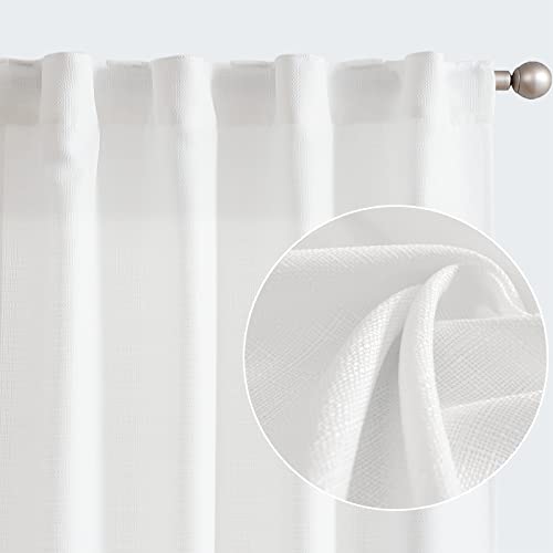 Vangao Weiße Leinen-Vorhänge 213 cm lang für Wohnzimmer Schlafzimmer Rückseite Schlaufen Stangentasche Lichtfilterung Fenstervorhänge 2 Paneele Cover