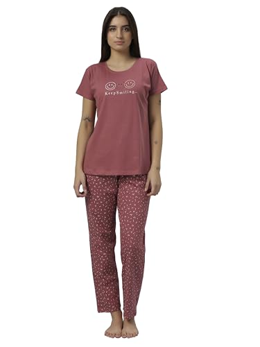 Image of DZZO Women's Cotton Printed Night Suit Set of T-Shirt & Pyjama, Night wear Dress, Relaxed wear for Women /Girls