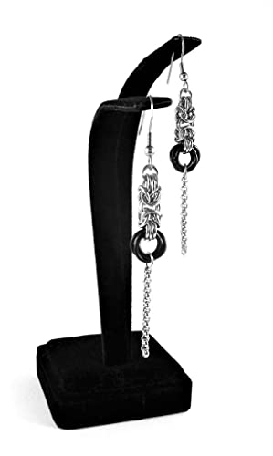 Silver Byzantine & Black Endless Vortex Spirals Dangle Earrings Chainmail Swirls Jewelry Anniversary BFF Mom Sis Gift