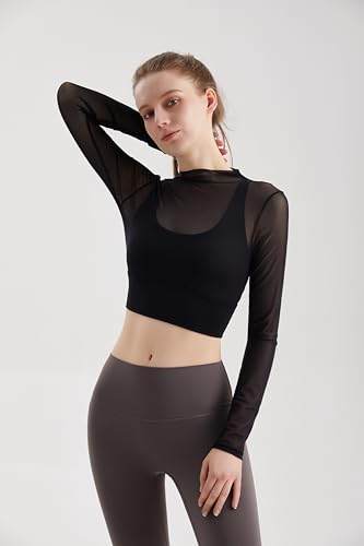 Luna & Sun Sheer Mesh Sexy Crop Top Longsleeve Mock Neck Criss Cross Strappy Back Design Padded Camisole Workout Yoga Fitness2