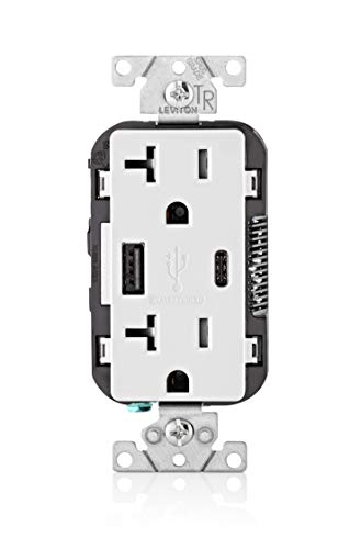Leviton T5833-W 15-Amp Type A & Type-C USB Charger/Tamper Resistant Outlet, Compatible