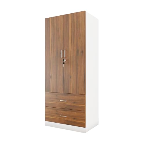 Image of VIKI Wardrobe | Wooden Almirah for Clothes,Door for Bedroom, 2 Door Wardrobe with Drawer & Hanging Space (White & Walnut - 40D x 80W x 180H) | 1 Year Warranty | Free Assembly