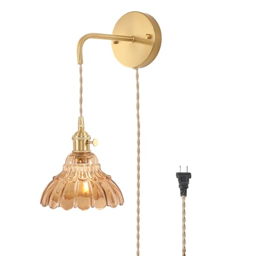Image of Shenmoyl Vintage Wall Sconce with Amber Lily of the Valley Glass Shade Hanging Wall Sconce with 4.9FT Plug in Cord, Modern Wall Lamp Fixtures Decor for Bedside Bedroom Indoor Doorway