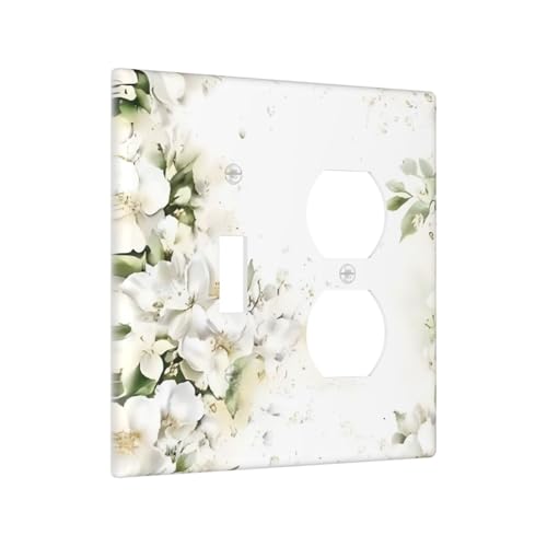 Decorative Outlet Covers Rustic Ink Green Leaves White Florals Flower 2 Gang Outlet Cover Wall Plate Single Toggle Duplex Light Switch Cover Plate Switch Plate Covers for Bedroom Decor