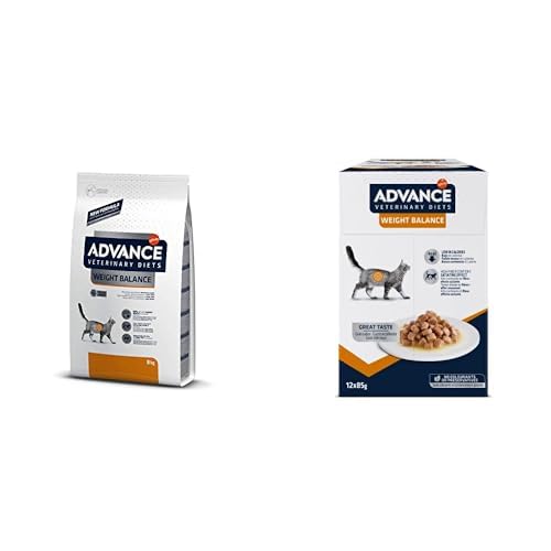 Advance Veterinary Diets Weight Balance, Pienso para Gatos con Problemas de sobrepeso, 8kg + Comida Húmeda para Gatos: Multipack 12 bolsitas de 85g