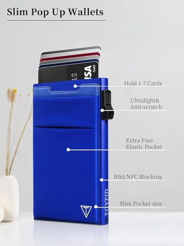 Image of TOYFID Aluminum Wallet for Men - RFID Protected, Scratch Resistant, Large Capacity, Extra Pocket, Sliding Button, Blue