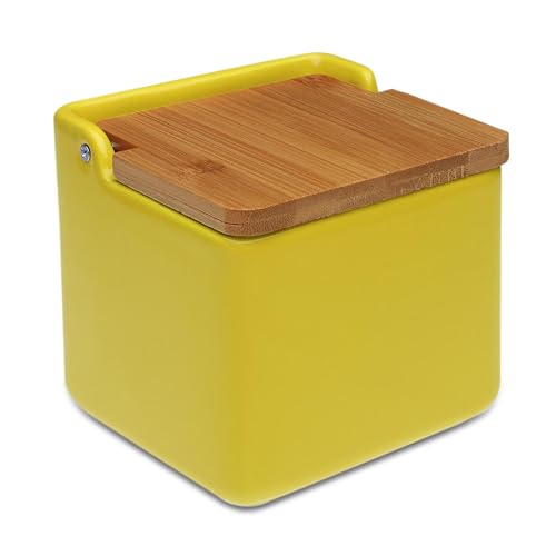 TIENDA EURASIA - Salero de Cocina de Cerámica | Tapa Abatible de Bambú | Salero | Medida 12 x 12 x 11 cm | Saleros Originales (Amarillo)