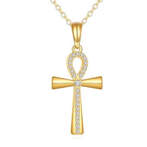 DOVRAN 14K Solid Gold Ankh Cross Necklace for Women Real Yellow Gold Egyptian Cross Pendant...