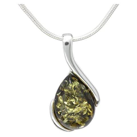 NATURAL BALTIC AMBER STERLING SILVER 925 NECKLACE Green Small PENDANT Gemstone For Women & Silver Adjustable CHAIN Snake 45cm - 50 cm, Gift set Cover