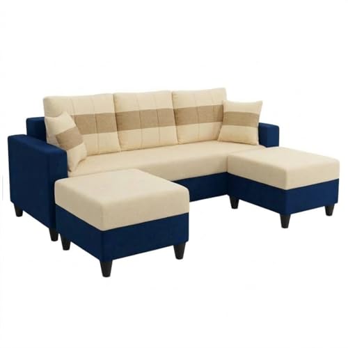 Image of Cavona 5 Seater L Shape Sofa Set with 2 Movable Ottomans | Flexible Layout | Luxury Velvet Suede Fabric | Modern Living Room Sofa | Dark Blue-Cream-Beige