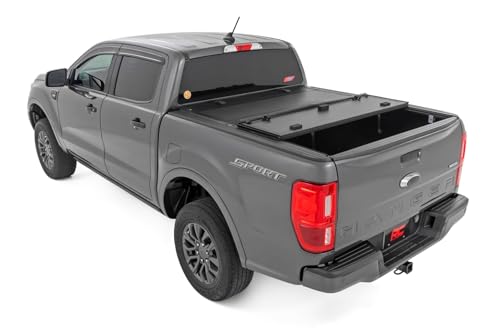 Image of Rough Country Hard Flip Up Truck Bed Cover for Ford Ranger (2019-2023) - Fits 5' (61 inch) Bed, Weather-Resistant, Tri-Fold Aluminum Panels