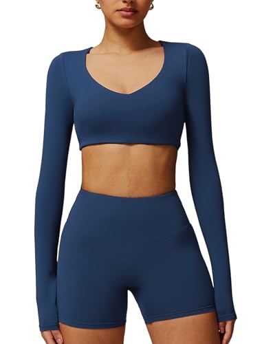 Image of ABOCIW Women Square Neck Long Sleeve Workout Crop Top Low Medium Impact Athletic Yoga Gym Shirts with Built in Bra(ONLY TOP)