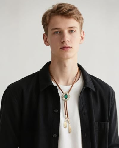 Image of PEARLY JUN Bolo Tie for Men Women Rhinestone Cowboy Brown Country Style Handmade Leather String Rodeo Festive Days Gifts