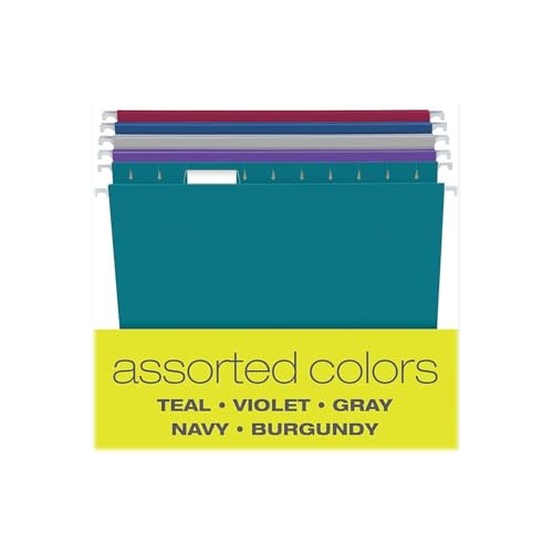 Image of Pendaflex Recycled Hanging File Folders, 25 Pack, Letter Size (8.5 inch x 11 inch), Assorted Colors, 5 Tab Positions, Includes Tabs and Inserts, Eco-Friendly Hanging Files for Office and Document Organization
