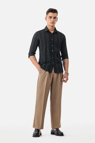 Image of SNITCH Men Casual Trousers | Relaxed Fit with Turned-Up Cuffs & Solid Pattern | Cotton Blend Fabric with Medium Stretch for Summer & Everyday Wear